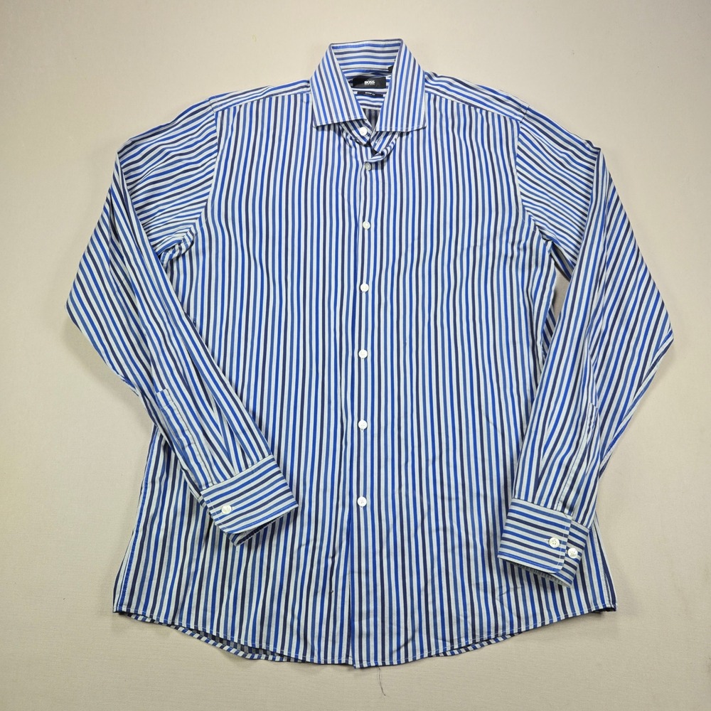 Hugo Boss Dress Shirt‎ Sharp Fit Vertical Stripe Blue Navy Mens 16.5 36/37